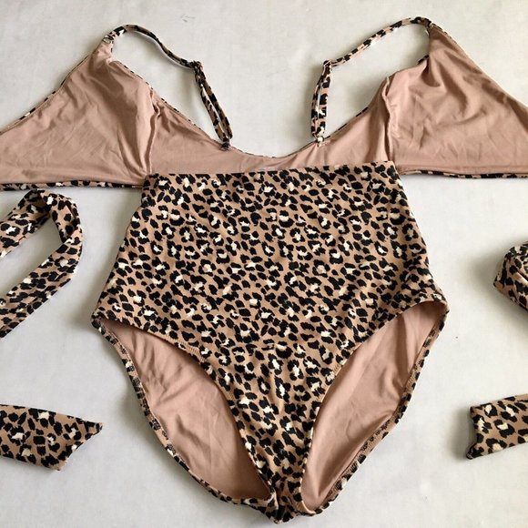 AERIE One Piece Swimsuit Bikini Brown Leopard Pattern Wrap AroundSize Small Long - Picture 5 of 8